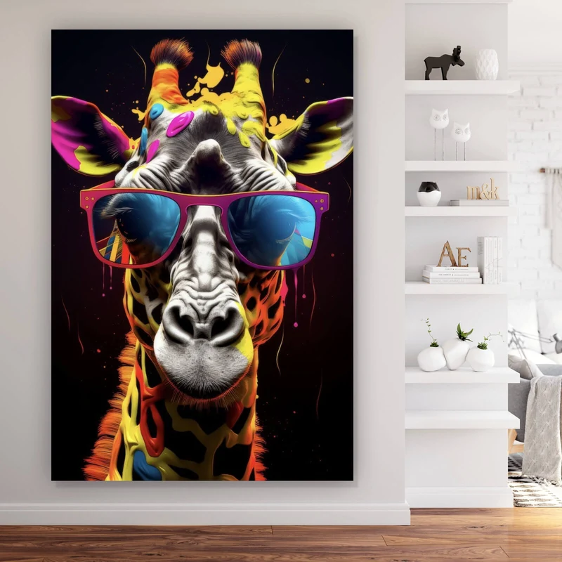 Poster Farbenfrohe Giraffe mit Sonnenbrille Hochformat
