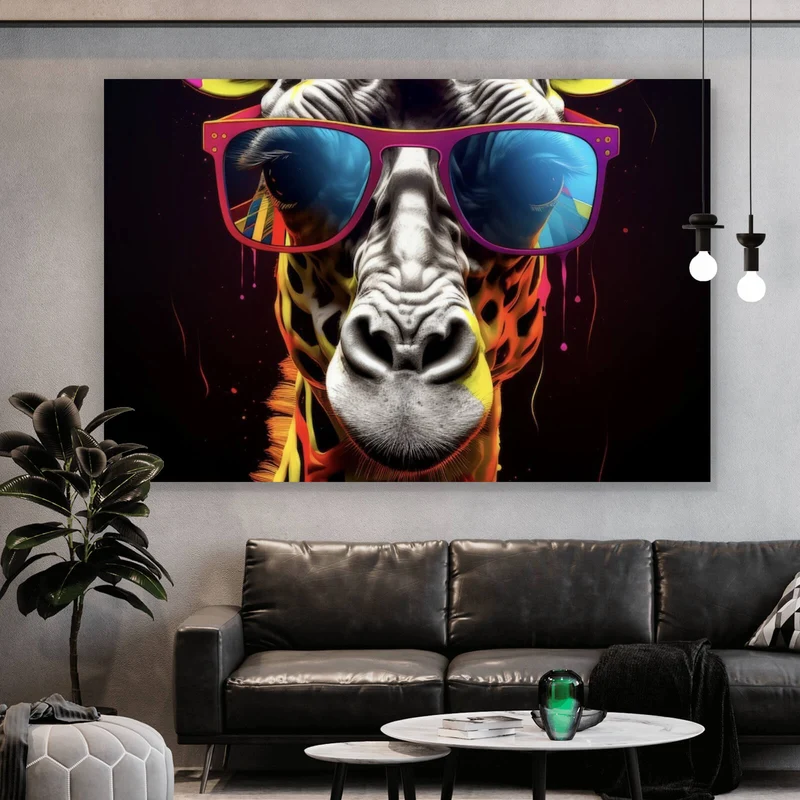 Acrylglasbild Farbenfrohe Giraffe mit Sonnenbrille Querformat