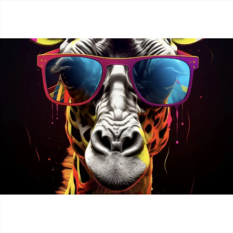 Poster Farbenfrohe Giraffe mit Sonnenbrille Querformat
