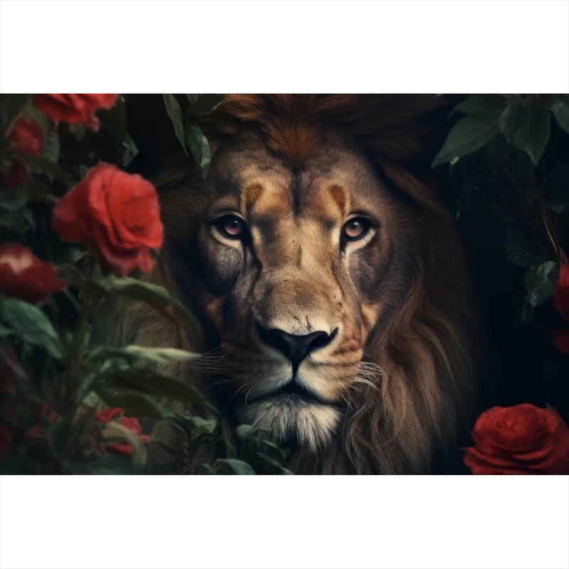 Aluminiumbild Majestätischer Löwe zwischen roten Rosen versteckt Querformat
