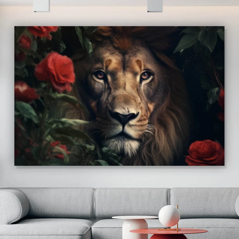Poster Majestätischer Löwe zwischen roten Rosen versteckt Querformat