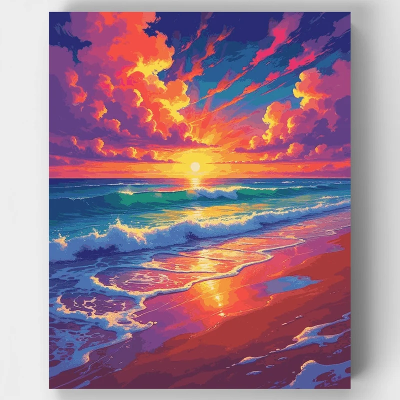 Vibrant Sunset Beach Waves - Paint by Numbers Kit