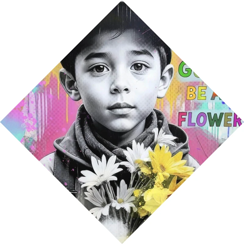 Leinwandbild Junge mit Blumen vor buntem Hintergrund Raute