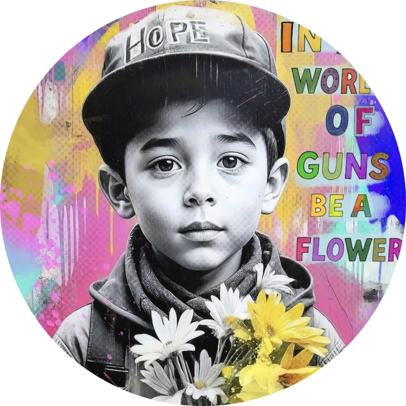 Aluminiumbild Junge mit Blumen vor buntem Hintergrund Kreis
