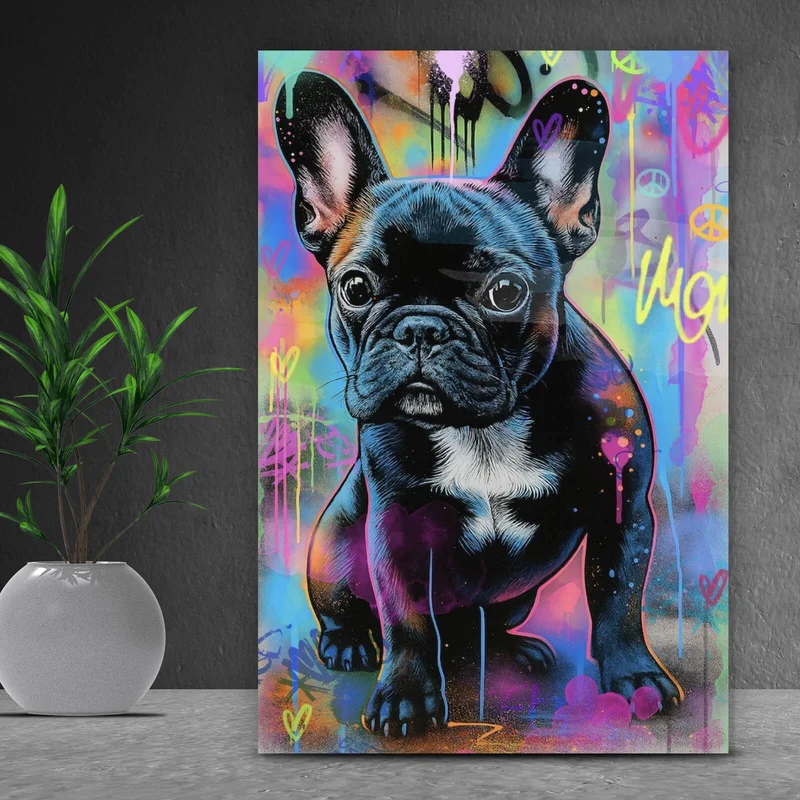 Aluminiumbild Bunte Bulldogge vor lebendigem Graffiti Hintergrund Hochformat