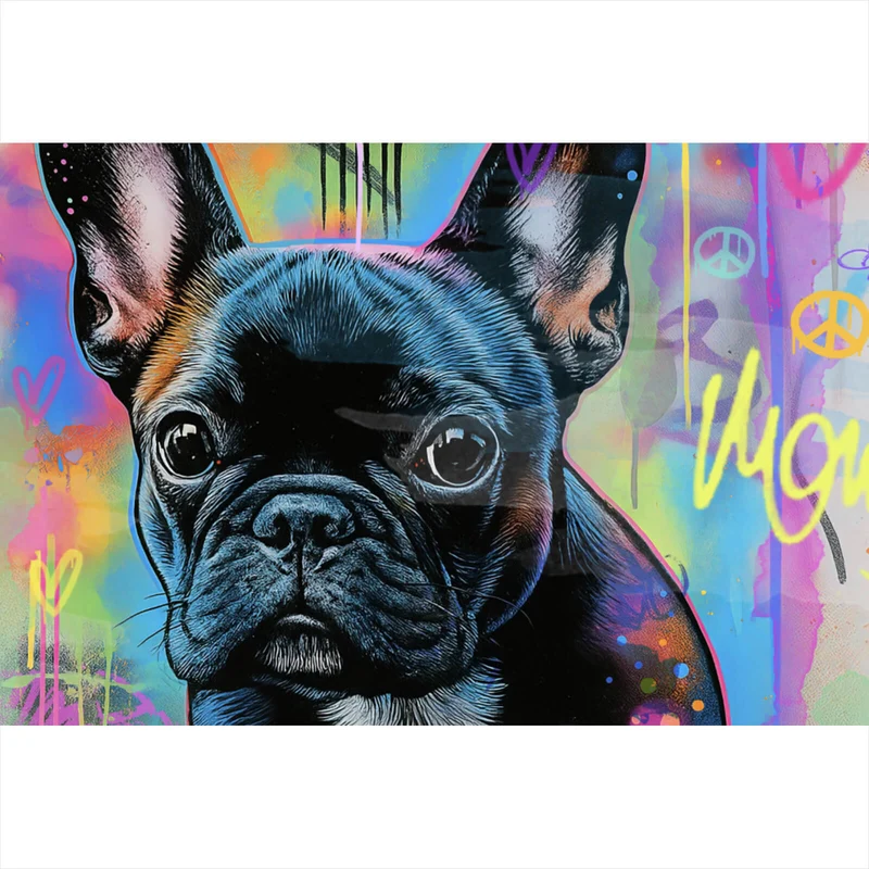 Leinwandbild Bunte Bulldogge vor lebendigem Graffiti Hintergrund Querformat