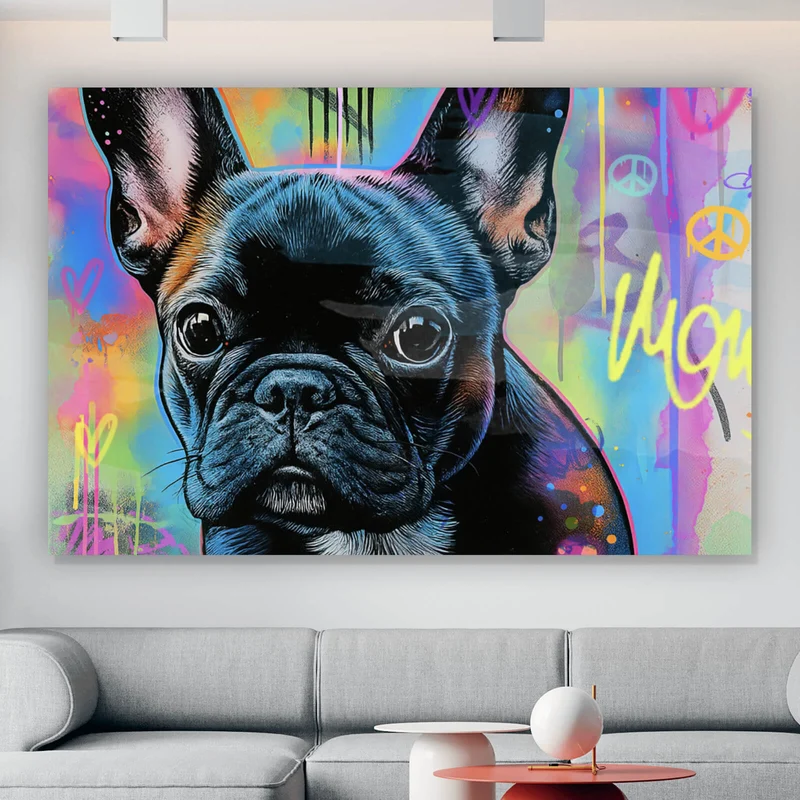 Poster Bunte Bulldogge vor lebendigem Graffiti Hintergrund Querformat