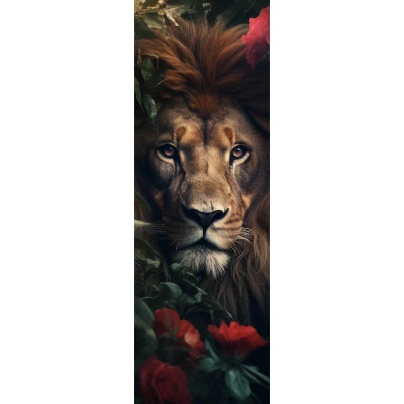 Acrylglasbild Majestätischer Löwe zwischen roten Rosen versteckt Panorama Hoch