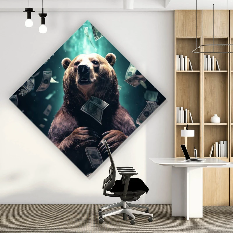 Poster Bär umgeben von fliegenden Geldscheinen Raute