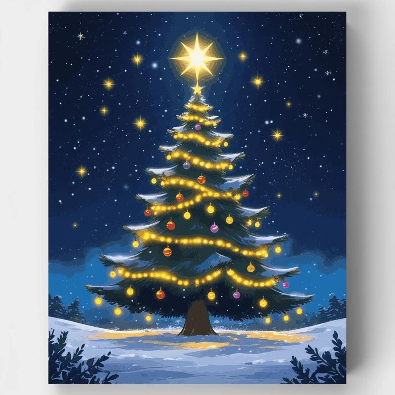 Starlit Christmas Tree in Snowy Night - Paint by Numbers Kit