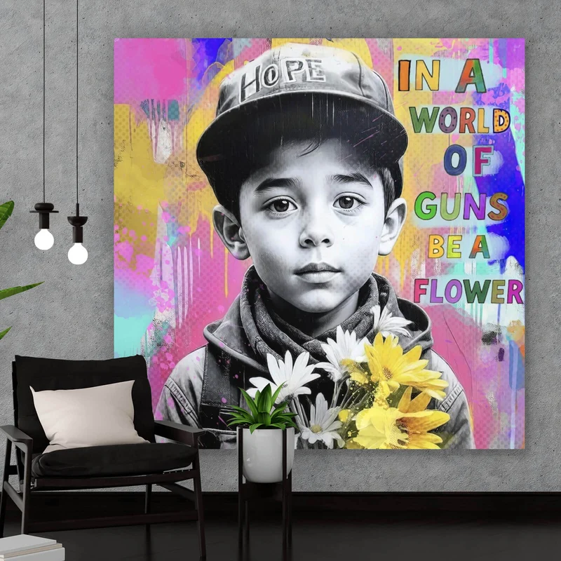 Acrylglasbild Junge mit Blumen vor buntem Hintergrund Quadrat