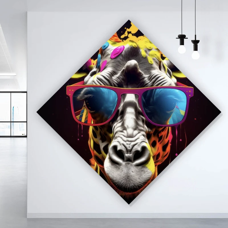 Leinwandbild Farbenfrohe Giraffe mit Sonnenbrille Raute