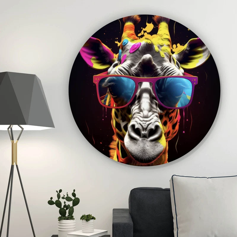 Aluminiumbild Farbenfrohe Giraffe mit Sonnenbrille Kreis