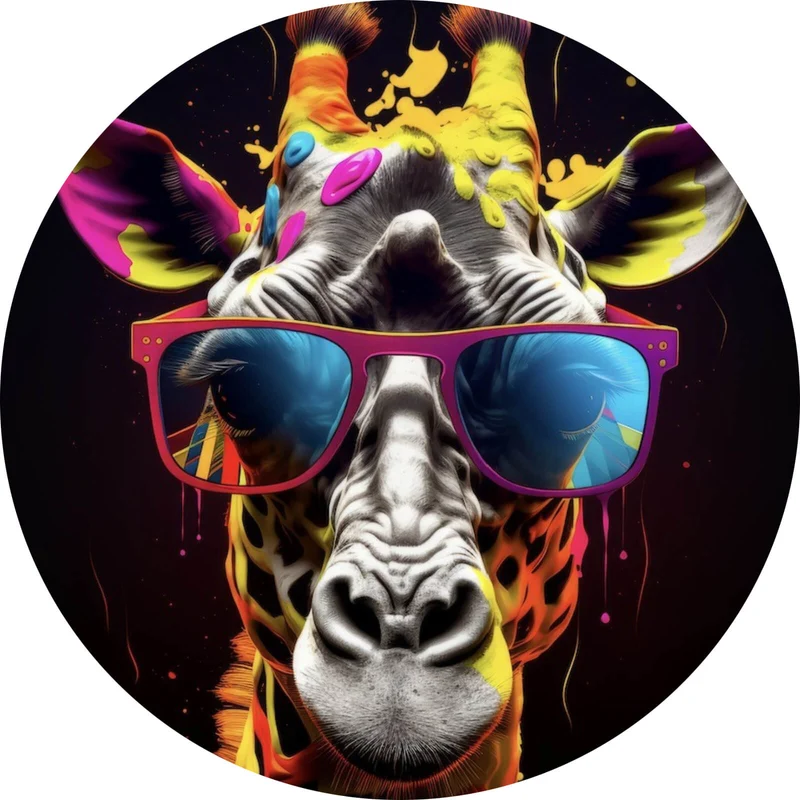 Aluminiumbild Farbenfrohe Giraffe mit Sonnenbrille Kreis