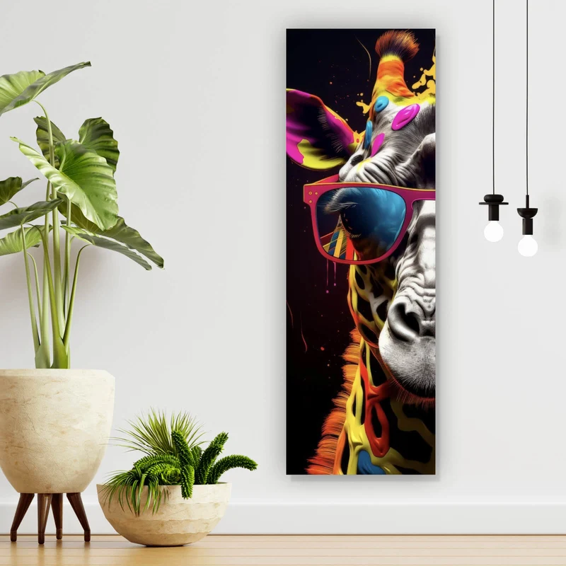 Spannrahmenbild Farbenfrohe Giraffe mit Sonnenbrille Panorama Hoch