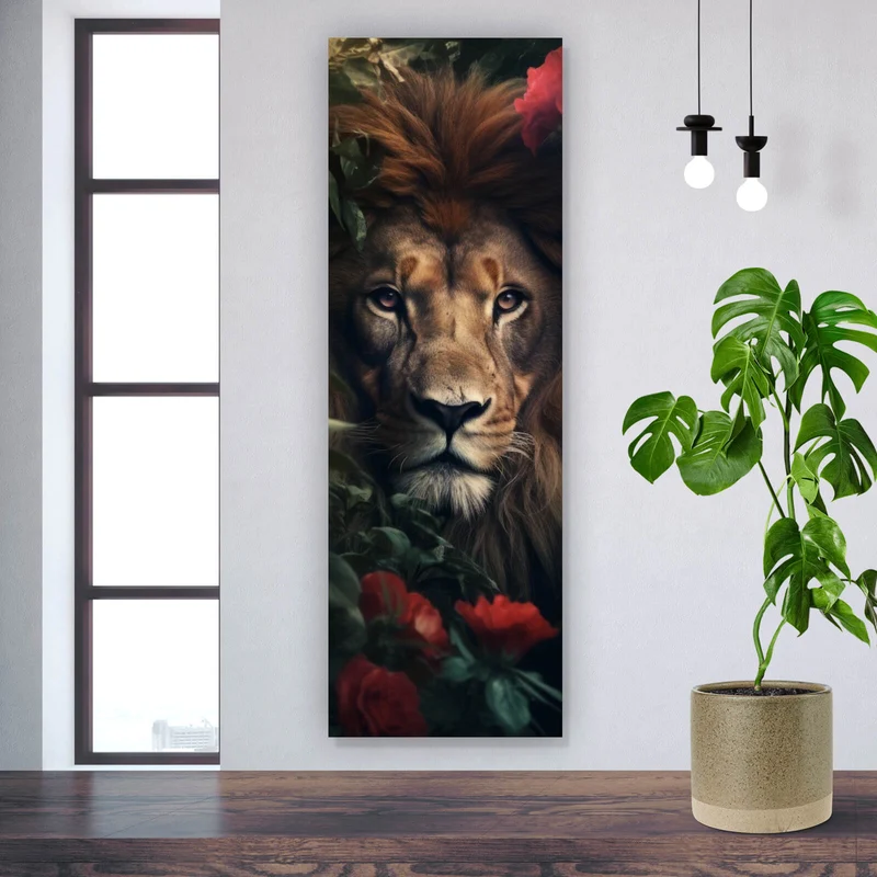 Poster Majestätischer Löwe zwischen roten Rosen versteckt Panorama Hoch