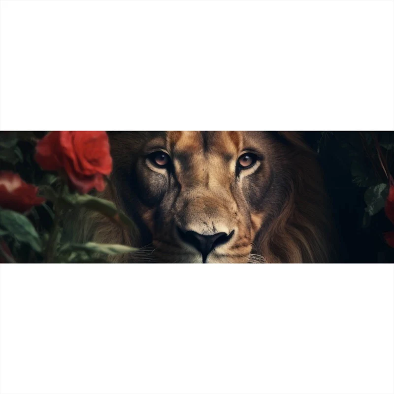 Acrylglasbild Majestätischer Löwe zwischen roten Rosen versteckt Panorama
