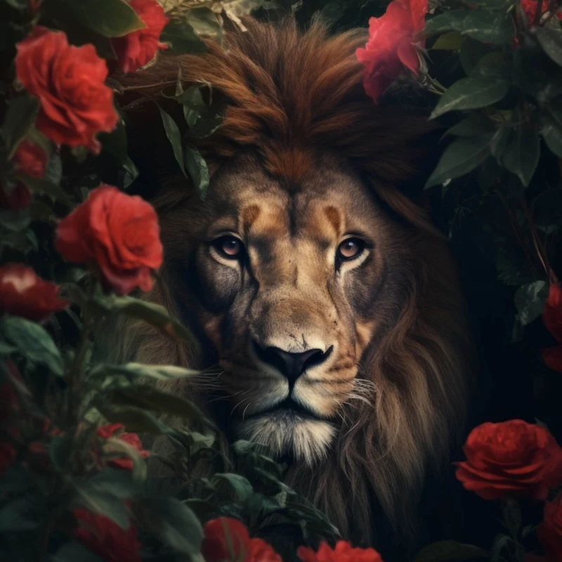 Spannrahmenbild Majestätischer Löwe zwischen roten Rosen versteckt Quadrat