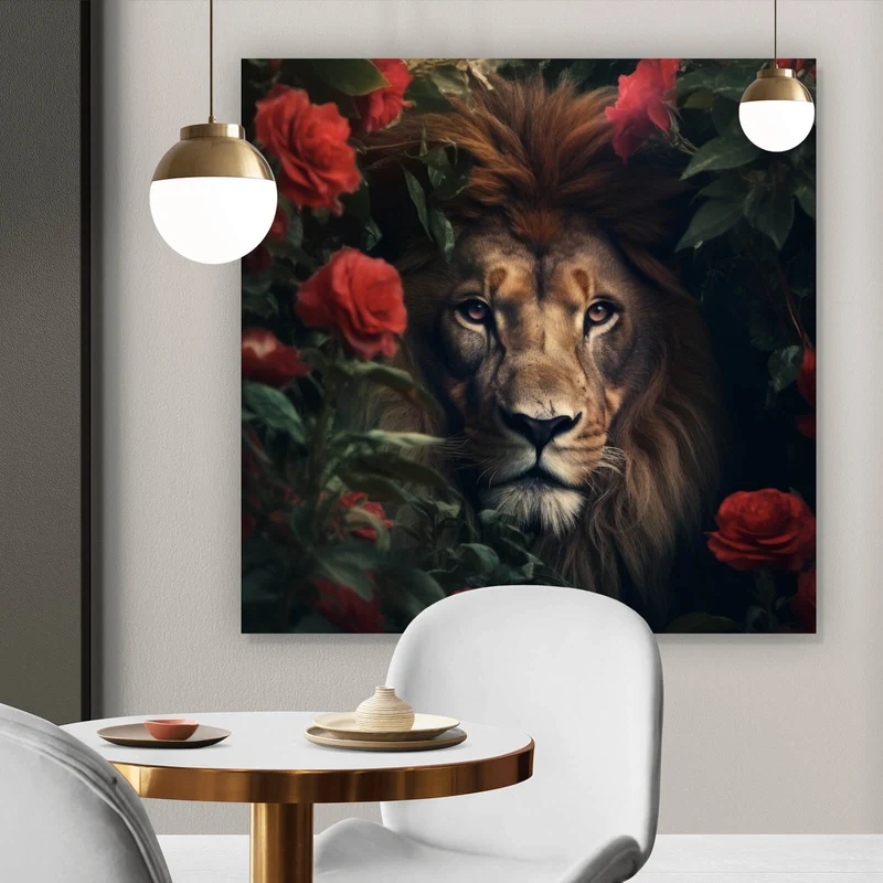 Acrylglasbild Majestätischer Löwe zwischen roten Rosen versteckt Quadrat