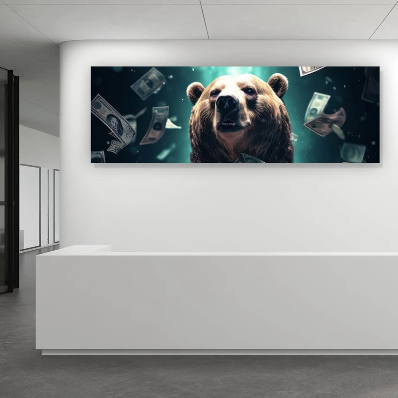Acrylglasbild Bär umgeben von fliegenden Geldscheinen Panorama
