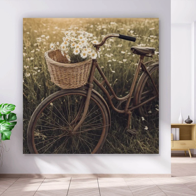 Acrylglasbild Fahrrad im Feld mit Korb voller Blumen Quadrat