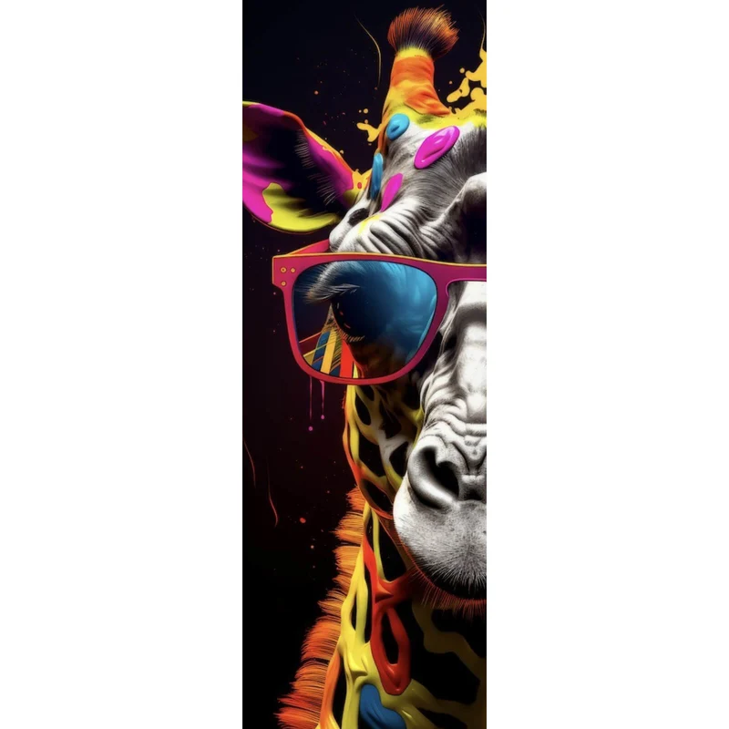 Aluminiumbild Farbenfrohe Giraffe mit Sonnenbrille Panorama Hoch