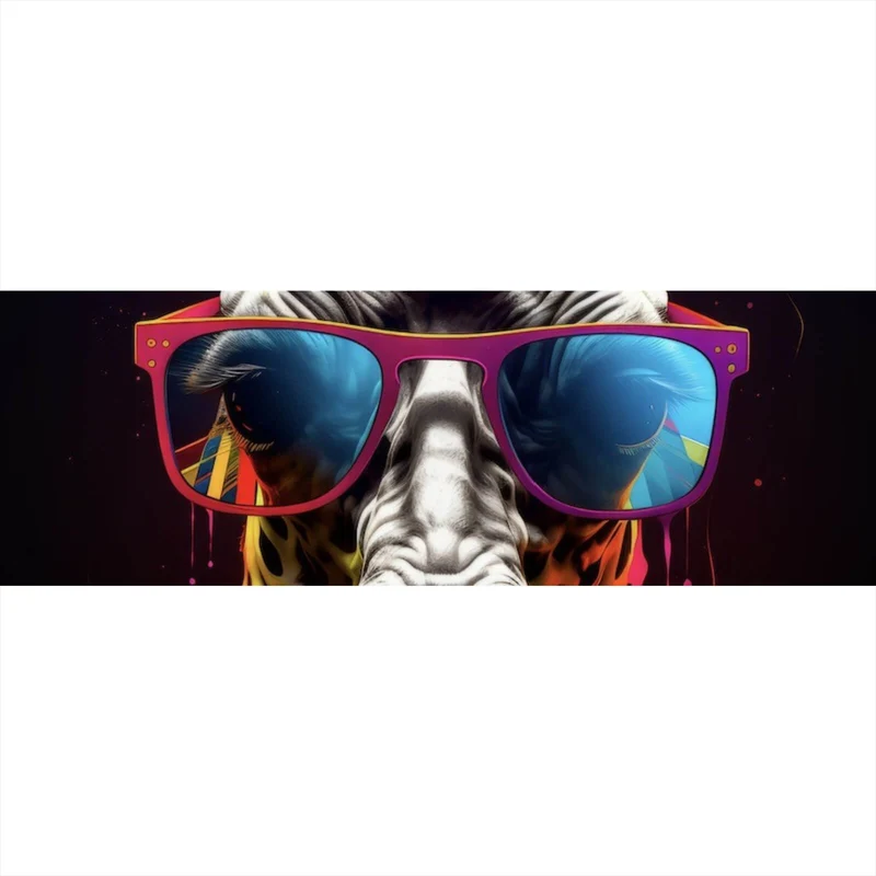 Aluminiumbild Farbenfrohe Giraffe mit Sonnenbrille Panorama