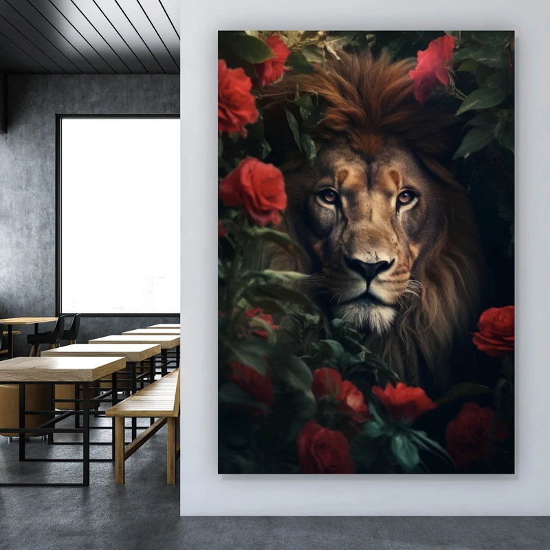 Aluminiumbild gebürstet Majestätischer Löwe zwischen roten Rosen versteckt Hochformat