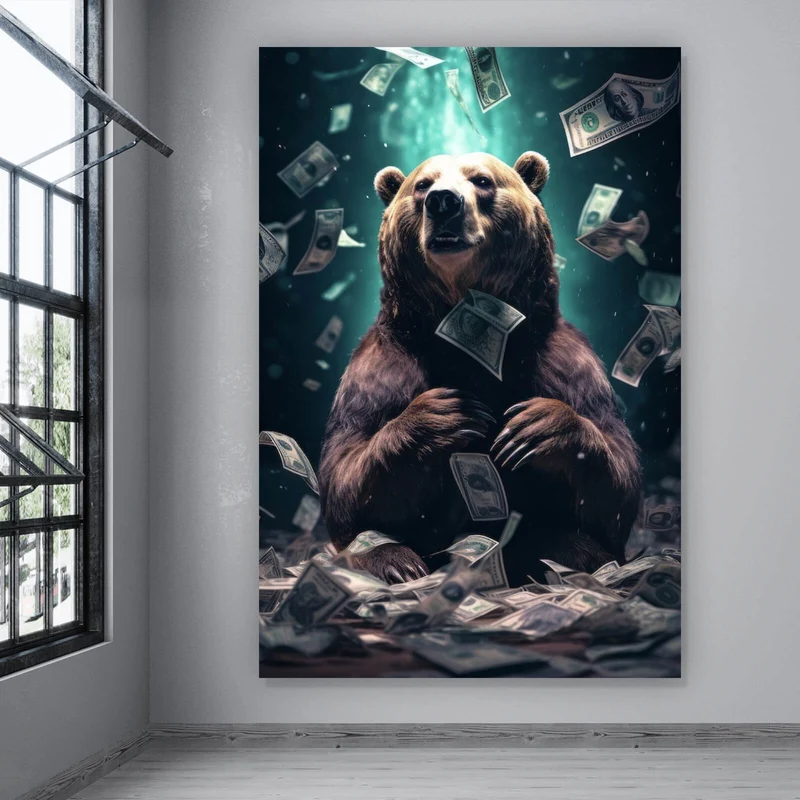 Aluminiumbild gebürstet Bär umgeben von fliegenden Geldscheinen Hochformat