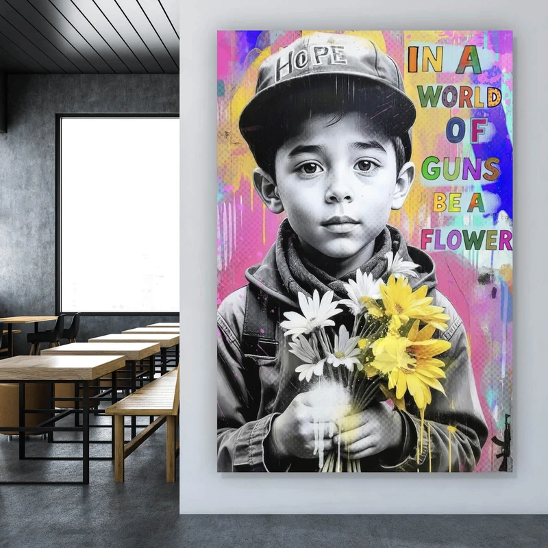 Aluminiumbild gebürstet Junge mit Blumen vor buntem Hintergrund Hochformat