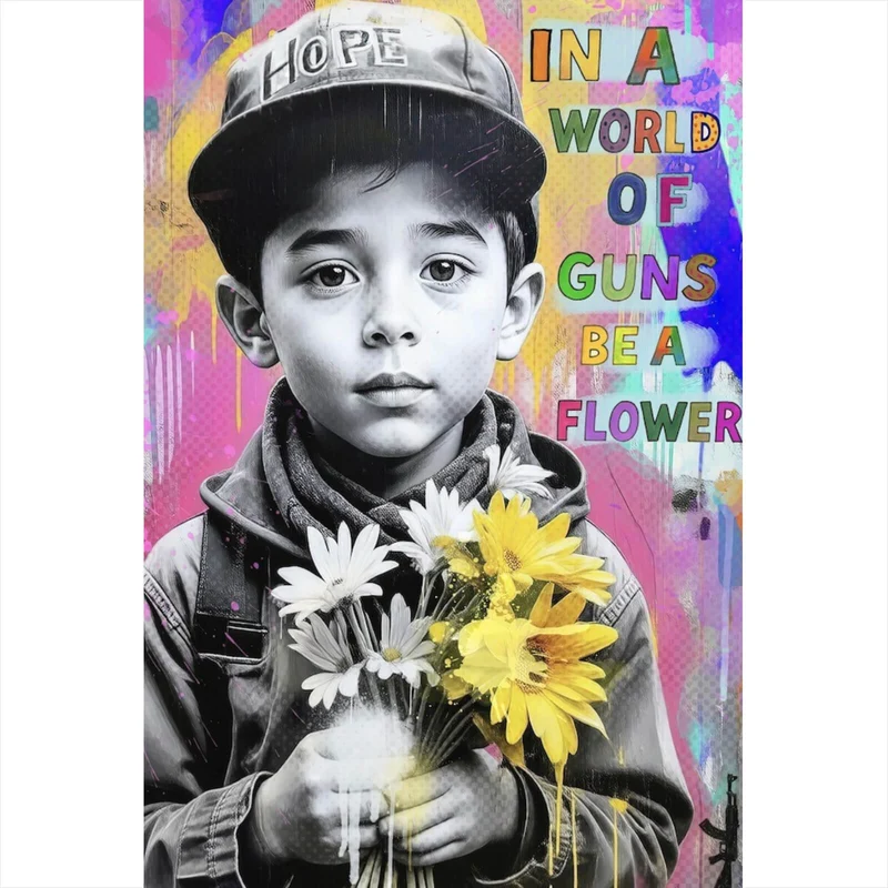 Poster Junge mit Blumen vor buntem Hintergrund Hochformat