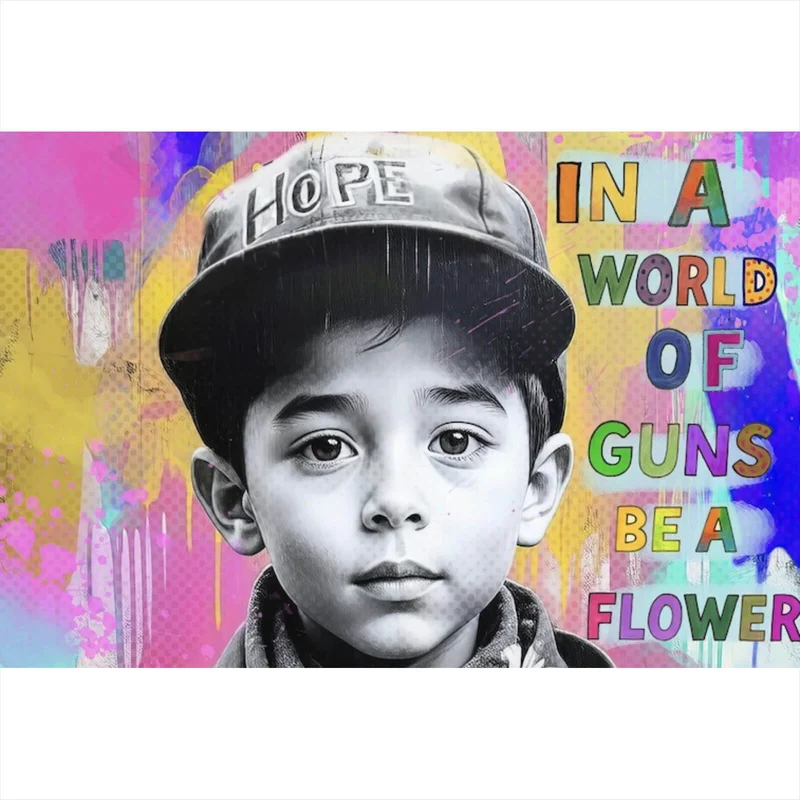 Spannrahmenbild Junge mit Blumen vor buntem Hintergrund Querformat