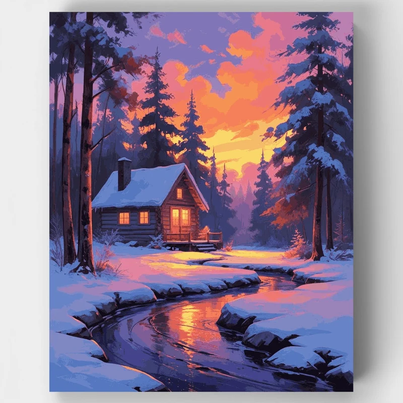 Snowy Cabin with Sunset Glow - Paint by Numbers Kit