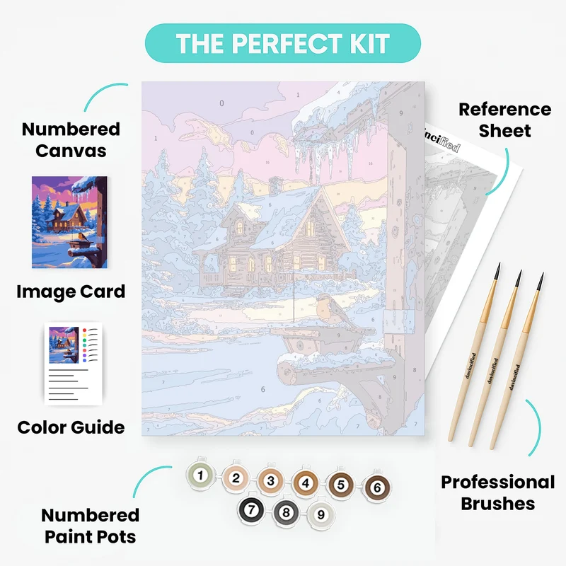 Snowy Cabin with Robin Bird - Paint by Numbers Kit