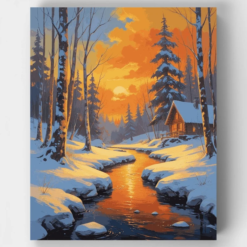 Snowy Cabin by Golden Stream - Paint by Numbers Kit