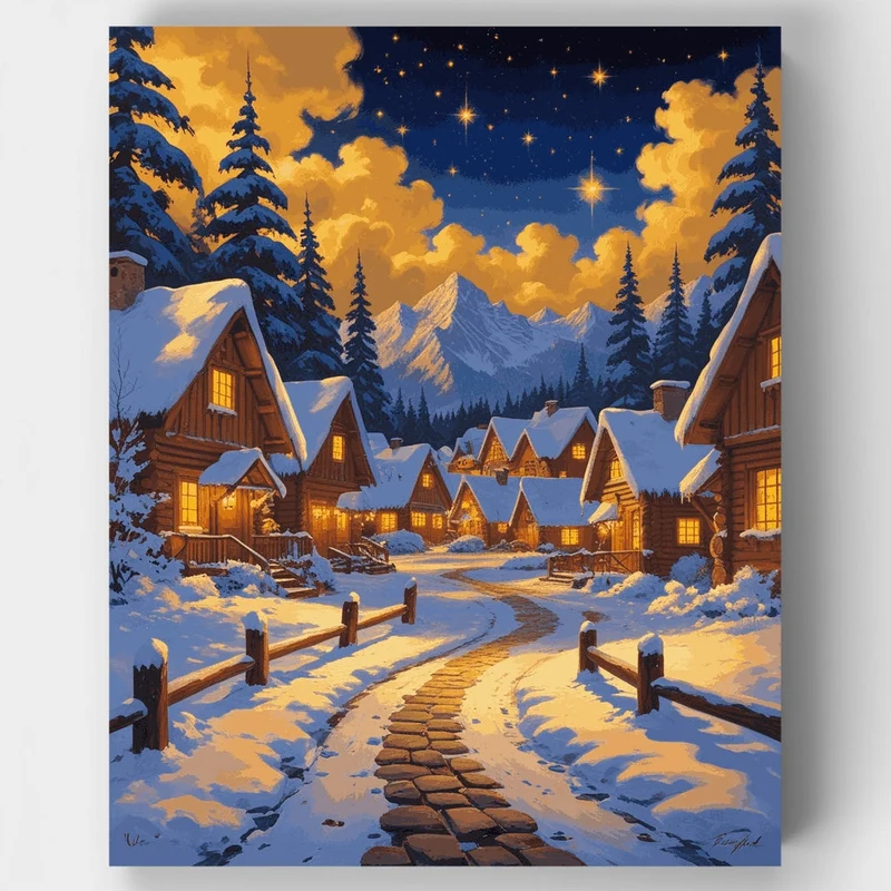 Winter Village Under Starry Sky - Paint by Numbers Kit
