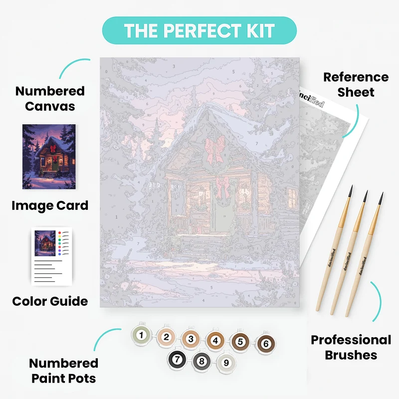 Christmas Log Cabin in Snowy Forest - Paint by Numbers Kit