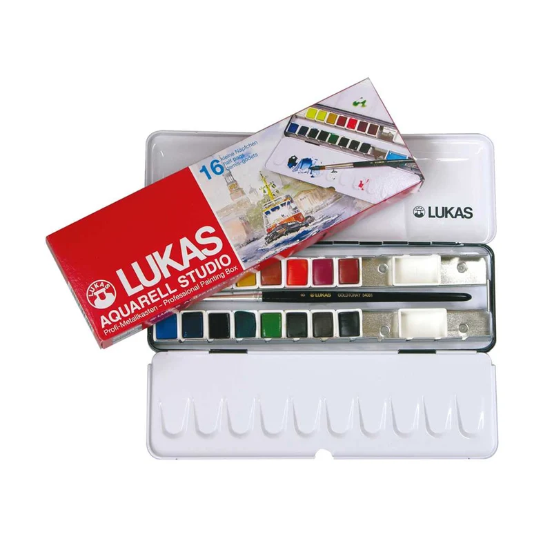 Комплект акварелни бои LUKAS Studio в метална кутия – 16 полуваклички с четка