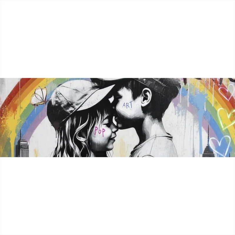 Aluminiumbild Kinder umarmen sich vor buntem Regenbogen Panorama