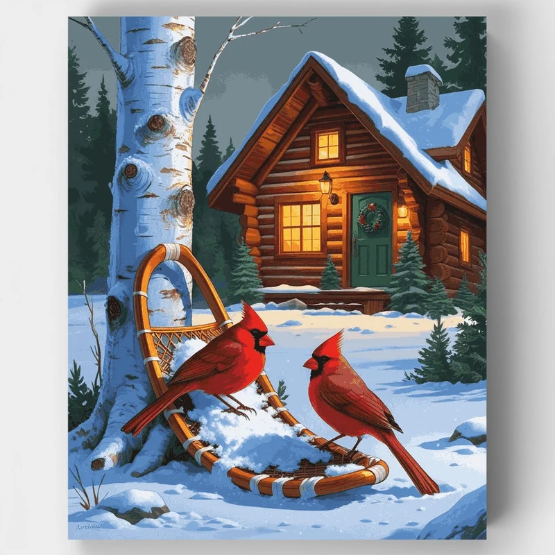 Winter Cabin with Cardinals - Paint by Numbers Kit