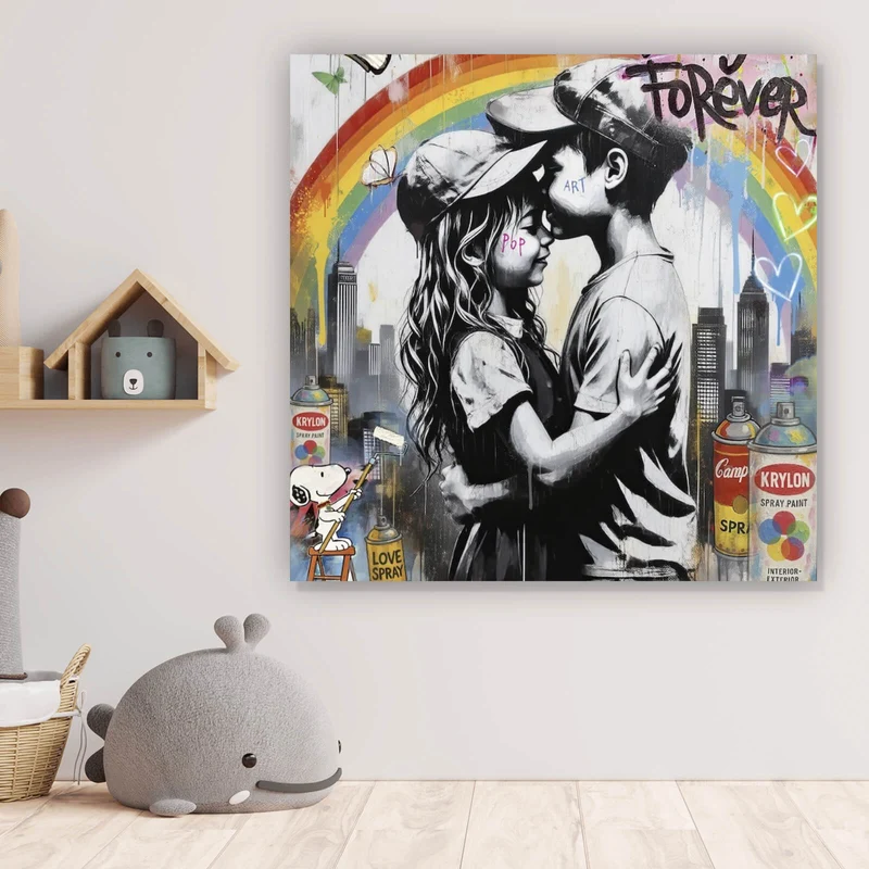 Poster Kinder umarmen sich vor buntem Regenbogen Quadrat
