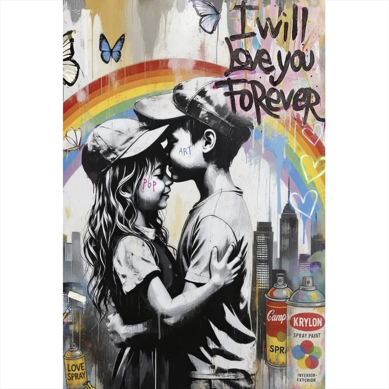 Acrylglasbild Kinder umarmen sich vor buntem Regenbogen Hochformat