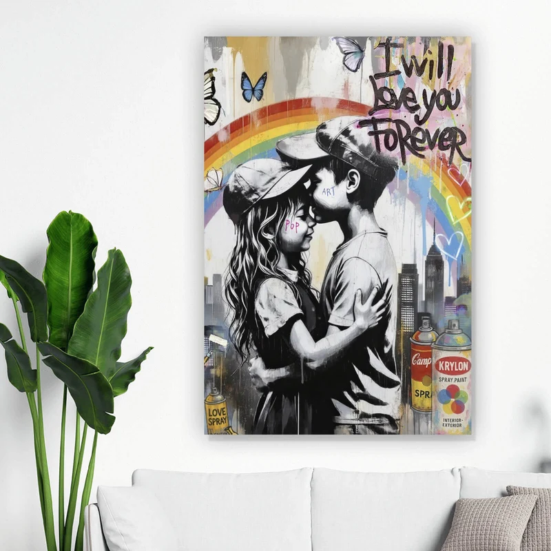 Aluminiumbild gebürstet Kinder umarmen sich vor buntem Regenbogen Hochformat