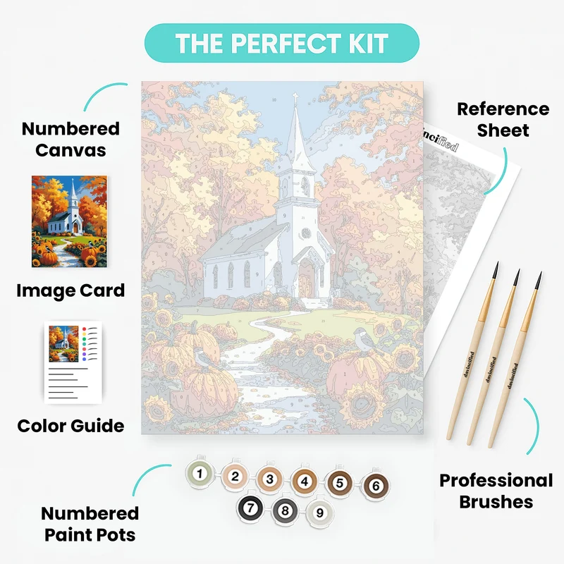 Autumn Church with Pumpkins and Sunflowers - Paint by Numbers Kit