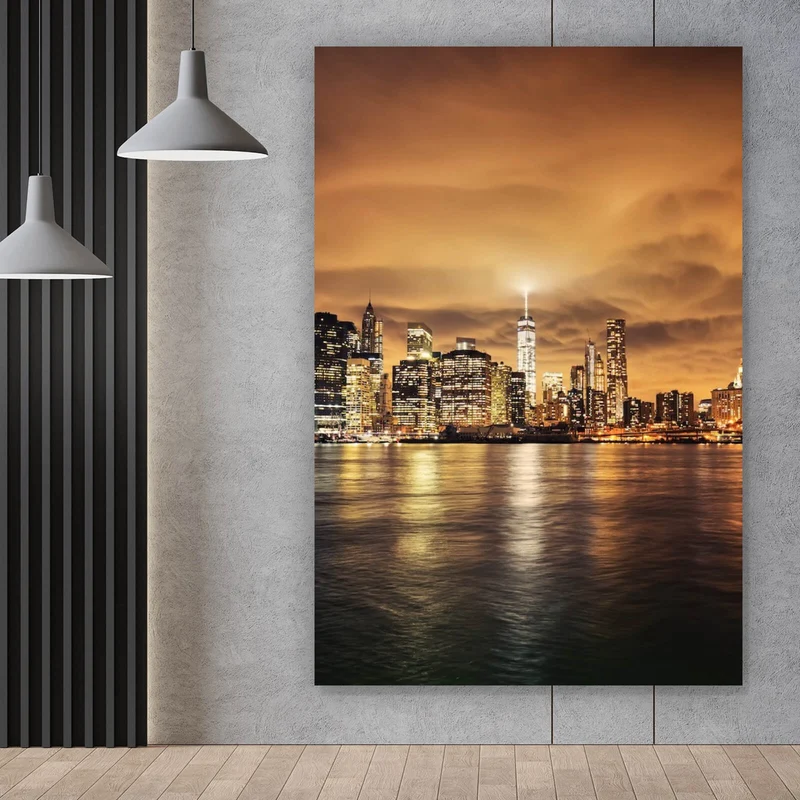 Acrylglasbild Manhattan bei Sonnenuntergang Hochformat