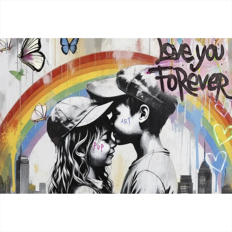 Spannrahmenbild Kinder umarmen sich vor buntem Regenbogen Querformat