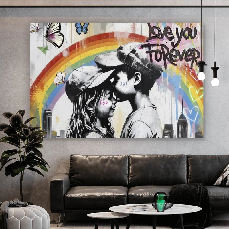 Poster Kinder umarmen sich vor buntem Regenbogen Querformat