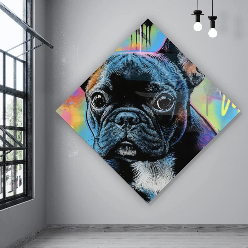 Aluminiumbild Bunte Bulldogge vor lebendigem Graffiti Hintergrund Raute