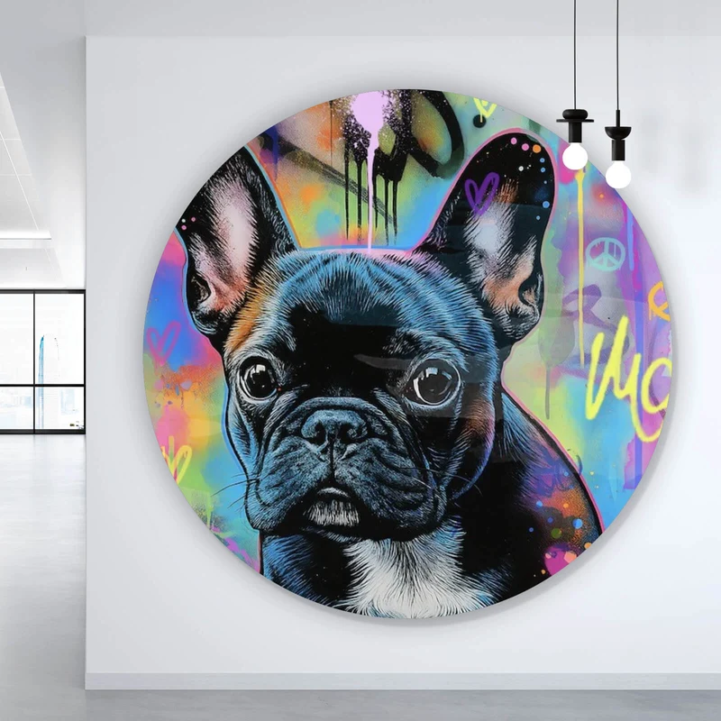 Aluminiumbild Bunte Bulldogge vor lebendigem Graffiti Hintergrund Kreis