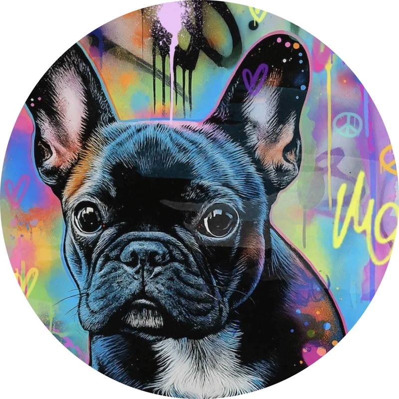 Aluminiumbild Bunte Bulldogge vor lebendigem Graffiti Hintergrund Kreis